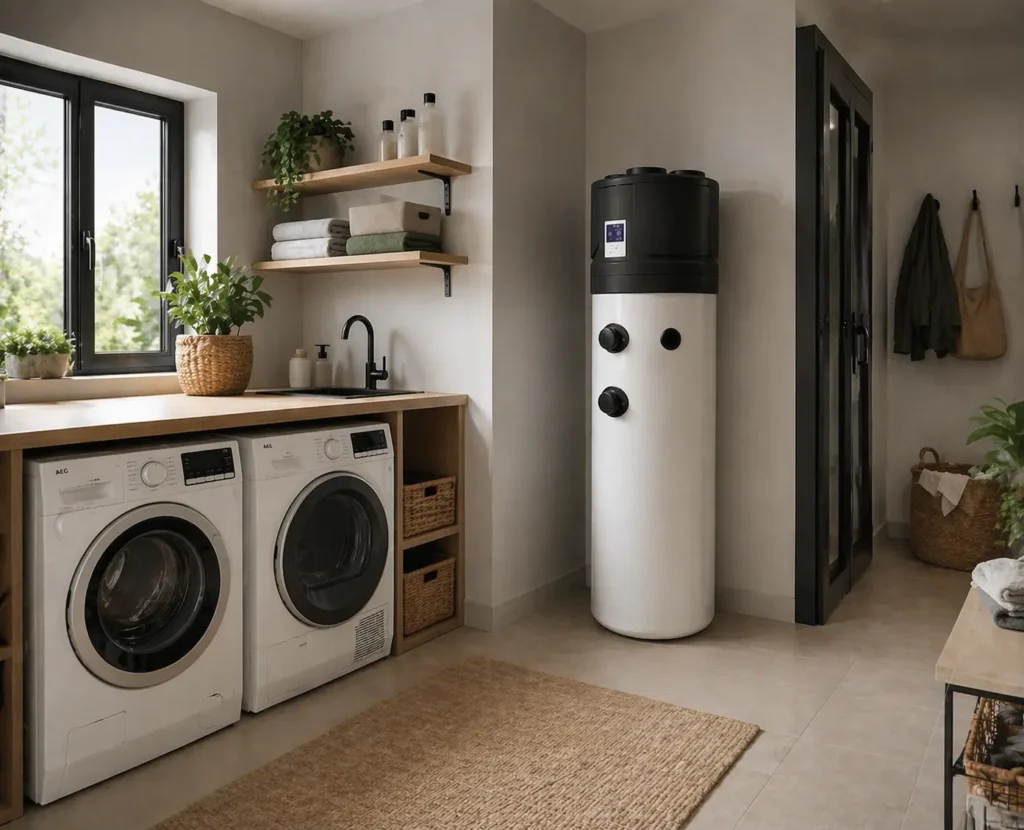 Pompa di calore ACS per acqua calda sanitaria installata in lavanderia moderna