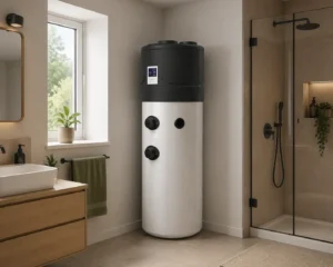 Pompa di calore per acqua calda sanitaria installata in bagno moderno con doccia