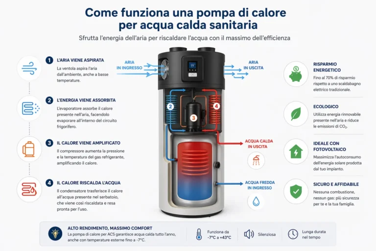 Schema di funzionamento della pompa di calore per acqua calda sanitaria con componenti e ciclo termodinamico